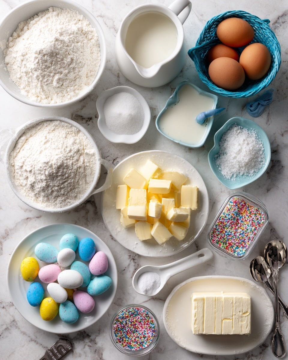 The image shows many baking ingredients arranged on a white marbled surface. At the top left is a white bowl filled with white all-purpose flour, and to the right of it is another white bowl filled with white granulated sugar. Below the bowl of flour is a white pitcher holding milk, to the right of it is a small blue basket with three brown eggs. Next to the eggs on the right is a white bowl filled with yellow chunks of unsalted butter. At the bottom left of the image is a white round plate full of colorful spring-themed chocolate egg candies in blue, pink, yellow, and white. Near the center is a small white heart-shaped dish holding white baking powder, baking soda, and salt. To the right of that is a small clear container divided into two sections with colorful spring sprinkles. At the bottom, there is a white plate with a rectangular block of cream cheese, a mound of powdered sugar with a blue spoon stuck in it, a small piece of unsalted butter, a small measuring cup with milk, and two silver measuring spoons with vanilla extract inside. Photo taken with an iphone --ar 4:5 --v 7