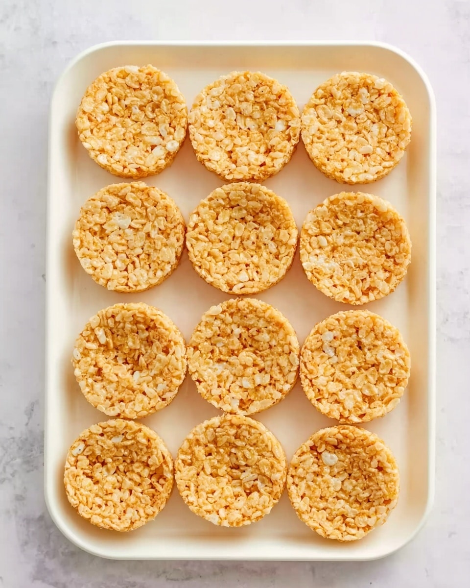 The image shows a white tray with 12 round rice crispy treats, each one shaped like a flat disc. The treats are a light golden color with a crisp, crunchy texture visible on the surface. The tray and treats are placed on a white marbled surface, and the overall look is neat and simple, with each piece evenly spaced in the tray. photo taken with an iphone --ar 4:5 --v 7