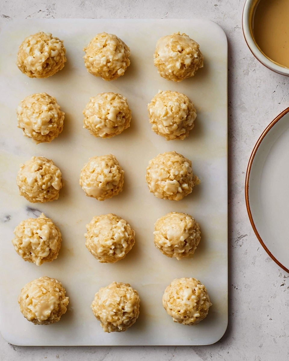 Fifteen round, beige dough balls with small white pieces mixed in are arranged in neat rows on a white marble cutting board. The dough balls have a textured surface with irregular small bumps and specks, showing a rough, slightly sticky appearance. The cutting board rests on a white marbled texture surface, and on the right edge of the image, part of a white plate with a brown rim is visible, holding a beige sauce or liquid. photo taken with an iphone --ar 4:5 --v 7