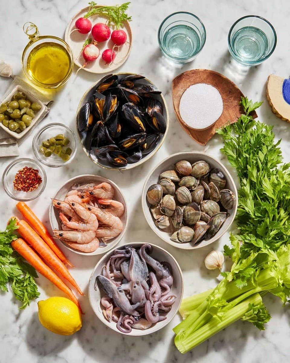 On a white marbled surface, there are five white bowls arranged in a circle filled with fresh seafood: black mussels in the top bowl, grey shrimp with brown tails in the top right bowl, brown clams in the bottom bowl, and whole squids with a purplish-pink tone in the bottom left bowl. In the center left area, small clear bowls hold red chili flakes, green capers, and salt. Nearby are fresh parsley and celery stalks with green leaves, as well as a bright orange carrot and a small white bowl with radishes on a wooden board. A whole yellow lemon, a small plate holding garlic and bay leaves, and two glasses of water complete the scene with a bottle of olive oil and a bowl of white sugar. The image is bright and clear, photo taken with an iphone --ar 4:5 --v 7
