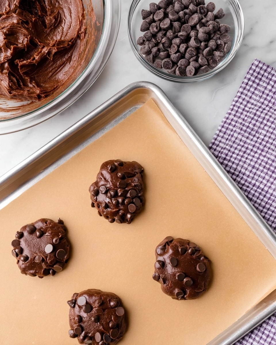 Four small piles of dark brown chocolate cookie dough with visible chocolate chips scattered unevenly on top are placed on light brown parchment paper lining a silver baking tray. In the upper left corner, a clear glass mixing bowl holds more of the same thick chocolate dough, showing some texture and chips inside. To the right, a small clear bowl filled with shiny chocolate chips sits next to a white and purple checkered cloth, all set on a white marbled surface. Photo taken with an iphone --ar 4:5 --v 7