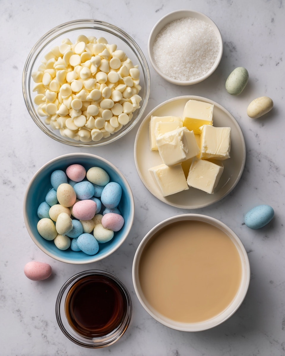 The image shows five bowls with different ingredients placed on a white marbled surface. At the top left, a medium clear glass bowl is filled with white chocolate chips, small and rounded. To the top right, a small clear glass bowl holds white salt crystals, next to white cubes of butter stacked on the surface. Below, a medium clear glass bowl is filled with smooth, light beige sweetened condensed milk. On the bottom left, a white bowl with a blue inside holds pastel-colored chocolate mini eggs in yellow, blue, pink, and white, while a smaller white bowl below it contains a similar mix of smaller chocolate mini eggs. Finally, a small clear glass cup at the bottom center holds dark brown vanilla liquid. A few pastel chocolate mini eggs are scattered around the bowls. Photo taken with an iphone --ar 4:5 --v 7