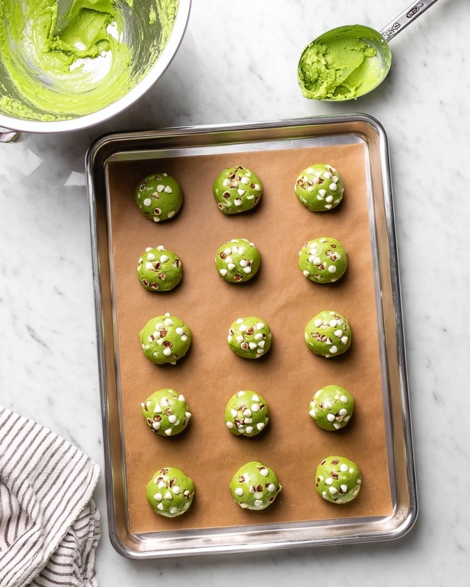 The image shows a shiny metal baking tray lined with brown parchment paper. On the tray, there are fifteen small, round green dough balls evenly spaced in a grid of three columns and five rows. Each dough ball is studded with white chips and small brown pieces, creating a colorful, textured look. In the upper left corner, a large silver mixing bowl filled with more green dough is partly visible, placed on a white marbled surface. Near the bowl, there is a scoop with green dough inside and a striped cloth partially in view. Photo taken with an iphone --ar 4:5 --v 7