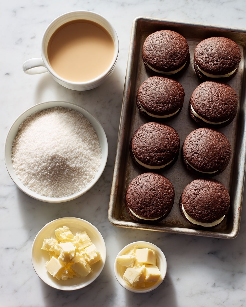 The image shows a baking tray with eight chocolate whoopie pies arranged in two rows, each pie made with two dark brown, round, soft-looking layers with a slightly cracked texture. Below the tray on a white marbled surface are three white bowls: one filled with confectioners’ sugar, one with a creamy light beige liquid labeled Bailey’s Irish Cream, and one with light yellow butter chunks. The overall setup is neat and bright with natural lighting highlighting the texture and colors of the ingredients and pies. Photo taken with an iphone --ar 4:5 --v 7