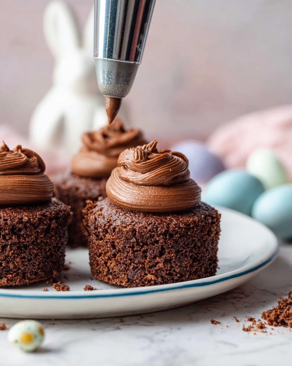 A close-up of three small, round chocolate cakes with a rough, textured dark brown surface, each topped with a thick swirl of smooth, rich chocolate frosting being piped from a silver piping bag above the closest cake. The cakes sit on a white plate with a blue rim, placed on a white marbled surface. In the background, there is a blurred white bunny-shaped object and some pastel-colored cloth, adding soft color to the scene. There are a few small crumbs and speckled chocolate eggs scattered around the plate. photo taken with an iphone --ar 4:5 --v 7