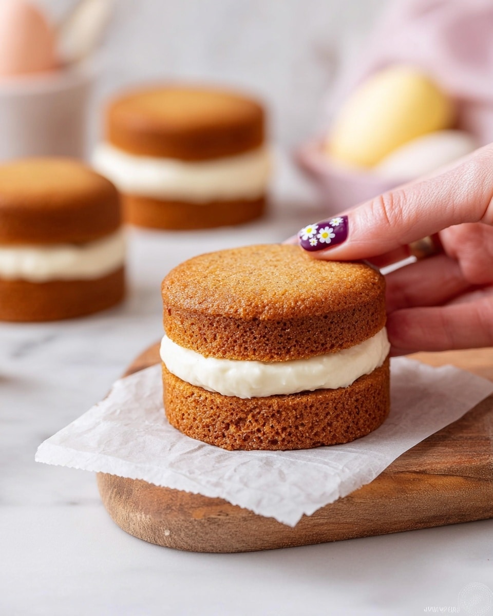 A small cake made of two round light brown layers with a smooth white cream layer in the middle is being gently held by a woman's hand with nails painted in purple tips and small white flower designs. The cake sits on a piece of parchment paper placed on a wooden board. In the background, there are more similar cakes stacked, with a soft white marbled surface underneath and blurred pastel-colored items. The scene is bright and softly lit, showing the cake texture clearly. photo taken with an iphone --ar 4:5 --v 7