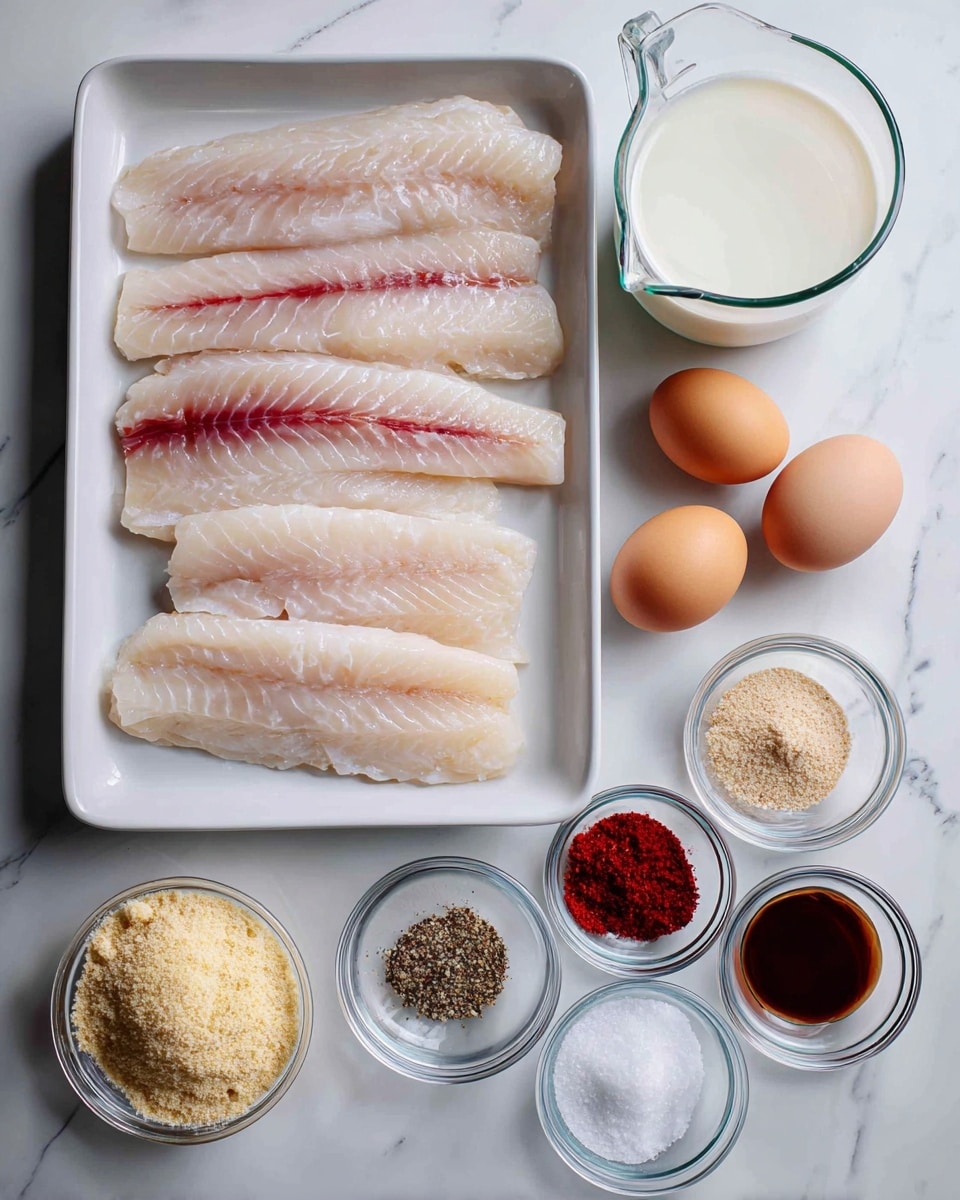 The image shows a white tray with six raw fish fillets laying flat, pale pink with some red streaks. To the right of the tray, there are nine small round clear glass bowls arranged neatly on a white marbled surface. Starting from the top right corner, there is a large glass measuring cup filled with a white liquid, a small bowl with two raw eggs, and a medium bowl filled with light beige crumbs. Below these, there are smaller bowls containing red spices, a beige powder, a dark red sauce, black pepper, and white salt, all displayed clearly with no overlaps or spills. photo taken with an iphone --ar 4:5 --v 7