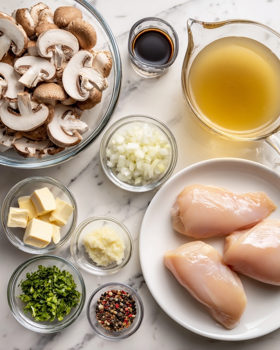 The image shows several small clear glass bowls and a white plate arranged on a white marbled surface. On the white plate, there are three raw skinless chicken pieces with a pale pink color and smooth texture. Nearby, a large clear glass bowl holds sliced brown mushrooms, with white insides and dark brown edges. A medium clear glass measuring cup contains pale yellow broth. Smaller clear glass bowls hold diced white onions, small green herb leaves, black soy-like sauce, light beige flour, minced light yellow garlic, white salt, and a few pale yellow butter cubes. A tiny clear bowl contains black pepper with red and green flakes. Everything is neatly organized in a group with even lighting, showing all details clearly, photo taken with an iphone --ar 4:5 --v 7