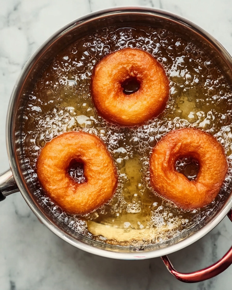 The image shows three golden brown doughnuts frying in hot, bubbling oil inside a round metal pan with black and red handles, resting on a white marbled surface. The doughnuts float near the top of the bubbly oil, each with a hole in the center, and the oil's surface has many small bubbles rising around the doughnuts. The pan is shiny and reflective on the edges, and the scene is lit brightly to highlight the texture and color of the doughnuts and oil. photo taken with an iphone --ar 4:5 --v 7