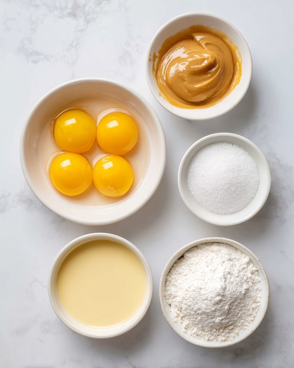 Five small white bowls sit on a white marbled surface. The largest bowl, on the left, holds six bright yellow egg yolks, smooth and glossy. Above and to the right, a bowl of white granulated sugar shows a fine grain texture. Next to it, another bowl contains a thick, creamy tan liquid with a shiny surface. Below it, a bowl with pale yellow liquid has a smooth, soft texture. The smallest bowl on the bottom right holds fine, white powder. All bowls are evenly spaced, creating a neat, clean arrangement. photo taken with an iphone --ar 4:5 --v 7