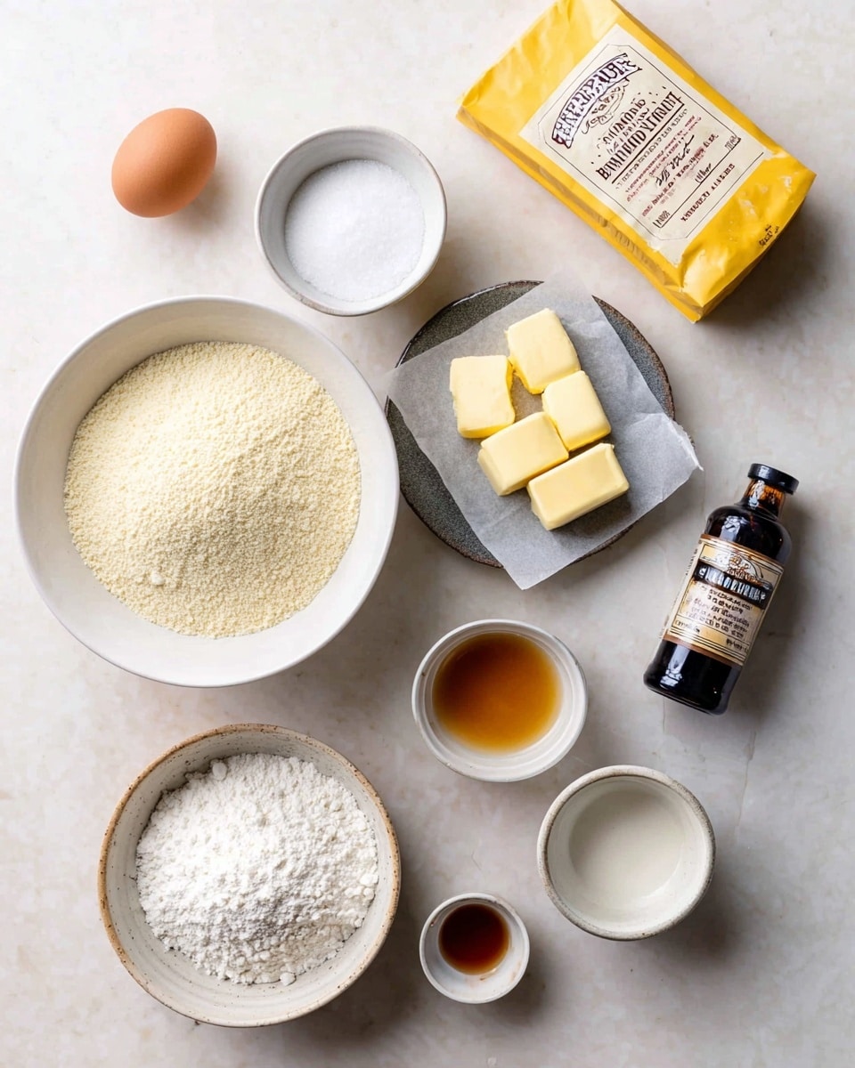 A top-down view of baking ingredients arranged neatly on a white marbled surface: a white bowl filled with pale beige almond flour sits at the center; to its right, a gray plate holds four small yellow butter pieces on a square of parchment paper; below, a small white bowl with a brown rim contains white sugar; a brown egg rests to the left of the sugar bowl; next to the egg, a small white bowl holds white flour; above the flour bowl, there are two dark brown bottles labeled almond extract and vanilla extract; a small white bowl with a light amber liquid is near the almond extract bottle; a white bowl with a clear liquid is above the almond flour; and a partially visible bright yellow Silver Spoon caster sugar bag is placed at the top right corner of the frame. Photo taken with an iphone --ar 4:5 --v 7