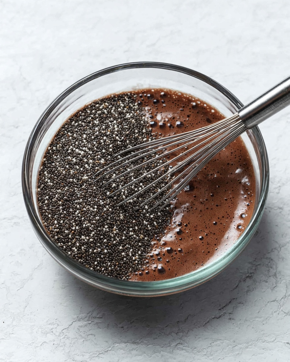 A clear glass bowl sits on a white marbled surface, filled with a dark brown, bubbly chocolate mixture. On top of the chocolate layer is a thick layer of tiny black and white chia seeds, partially covering the bubbles. A silver metal whisk is resting in the bowl, its handle leaning to the right side. The image is bright with soft shadows. photo taken with an iphone --ar 4:5 --v 7