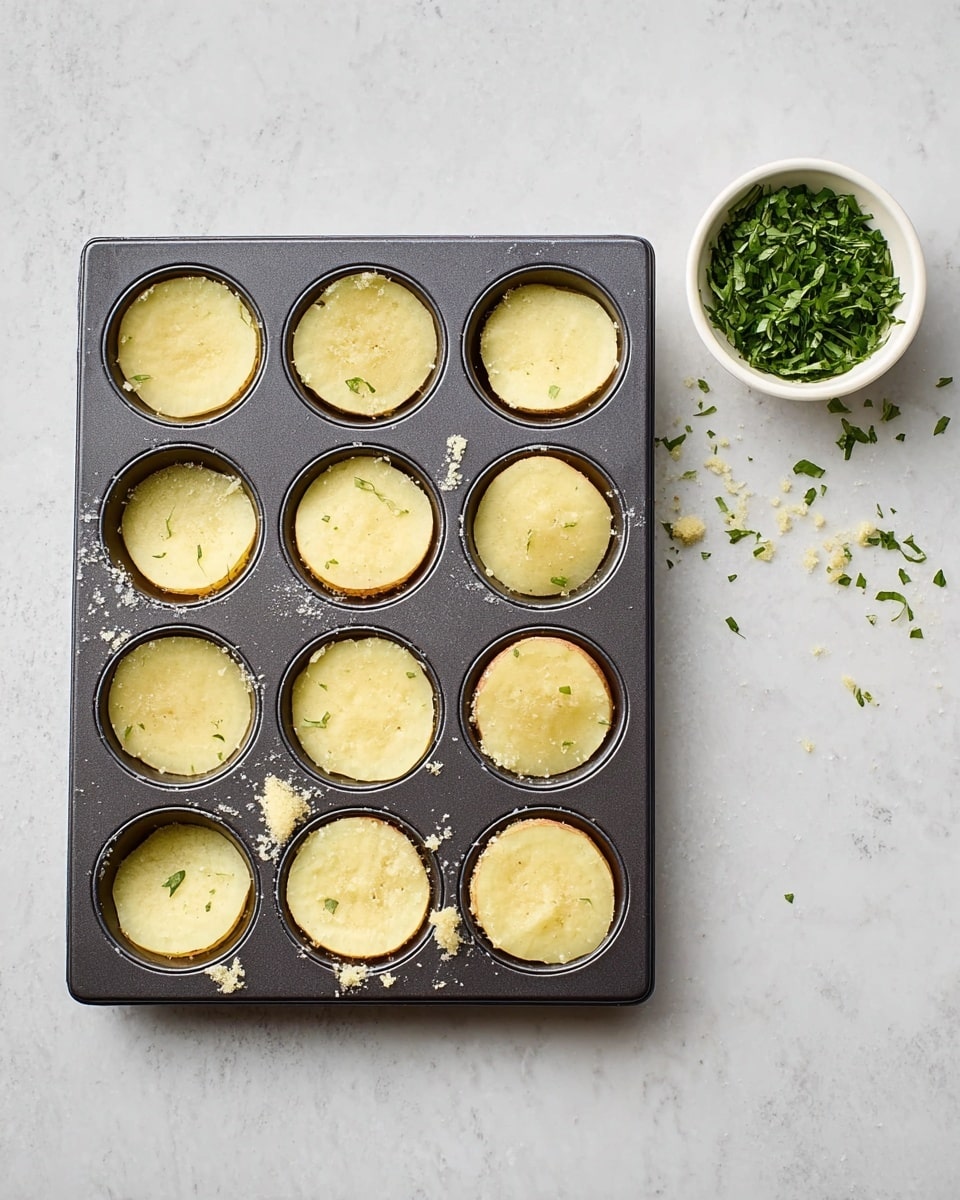 A dark metal muffin tray contains twelve round sections filled evenly with small, thin layers of pale yellow dough, some edges slightly uneven and overlapping. The dough looks smooth and soft with a few spots of rough texture and tiny crumbs scattered inside the tray and on its sides. To the right of the tray is a small white bowl filled with fresh green herbs, placed on a white marbled surface. The overall scene is clean and simple, with a top-down view highlighting the organized arrangement. Photo taken with an iphone --ar 4:5 --v 7