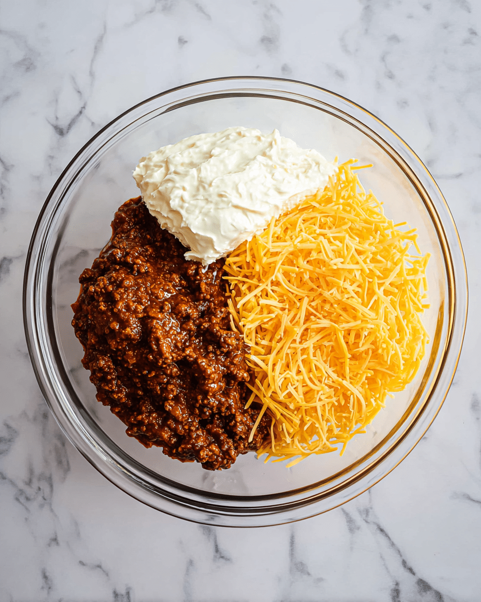 A clear glass bowl holds three main ingredients placed side by side. The bottom left portion shows thick, dark brown ground meat sauce with visible meat pieces and a saucy texture. The top left section has a thick layer of white cream cheese with a smooth and creamy texture. The right half is filled with two blended piles of shredded yellow and light orange cheddar cheeses, finely shredded and fluffy. The bowl is set on a white marbled surface. photo taken with an iphone --ar 4:5 --v 7