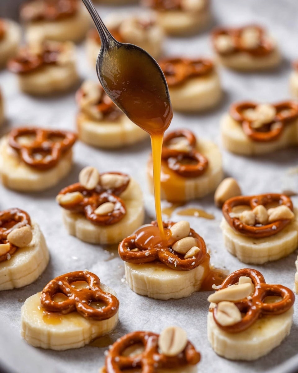 The image shows several small, round banana slices arranged in rows on a parchment paper-lined white marbled surface. Each banana slice has a topping: some with whole light brown peanuts and others with small salted pretzels that are golden brown and slightly shiny. A silver spoon is held above the closest banana slice, dripping smooth, glossy caramel sauce onto the peanuts, adding a rich amber layer to the light cream-colored banana base. The photo focuses closely on the banana slices and the spoon, capturing the shine and texture of the caramel sauce, peanuts, and pretzels photo taken with an iphone --ar 4:5 --v 7