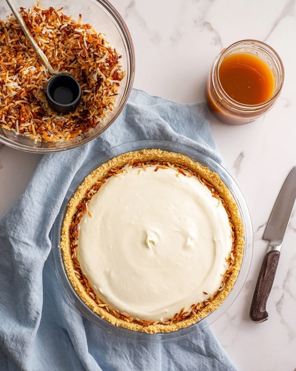 The image shows a pie crust filled with a smooth white cream layer in the center, placed on a light blue cloth over a white marbled surface. Above it, there is a clear glass bowl filled with a toasted mixture of shredded brown and golden coconut pieces with bits of nuts, and a black measuring cup resting inside. To the right of the pie crust, there is a small glass jar filled with caramel-colored sauce and a knife with a dark handle on the white marbled surface. Photo taken with an iphone --ar 4:5 --v 7