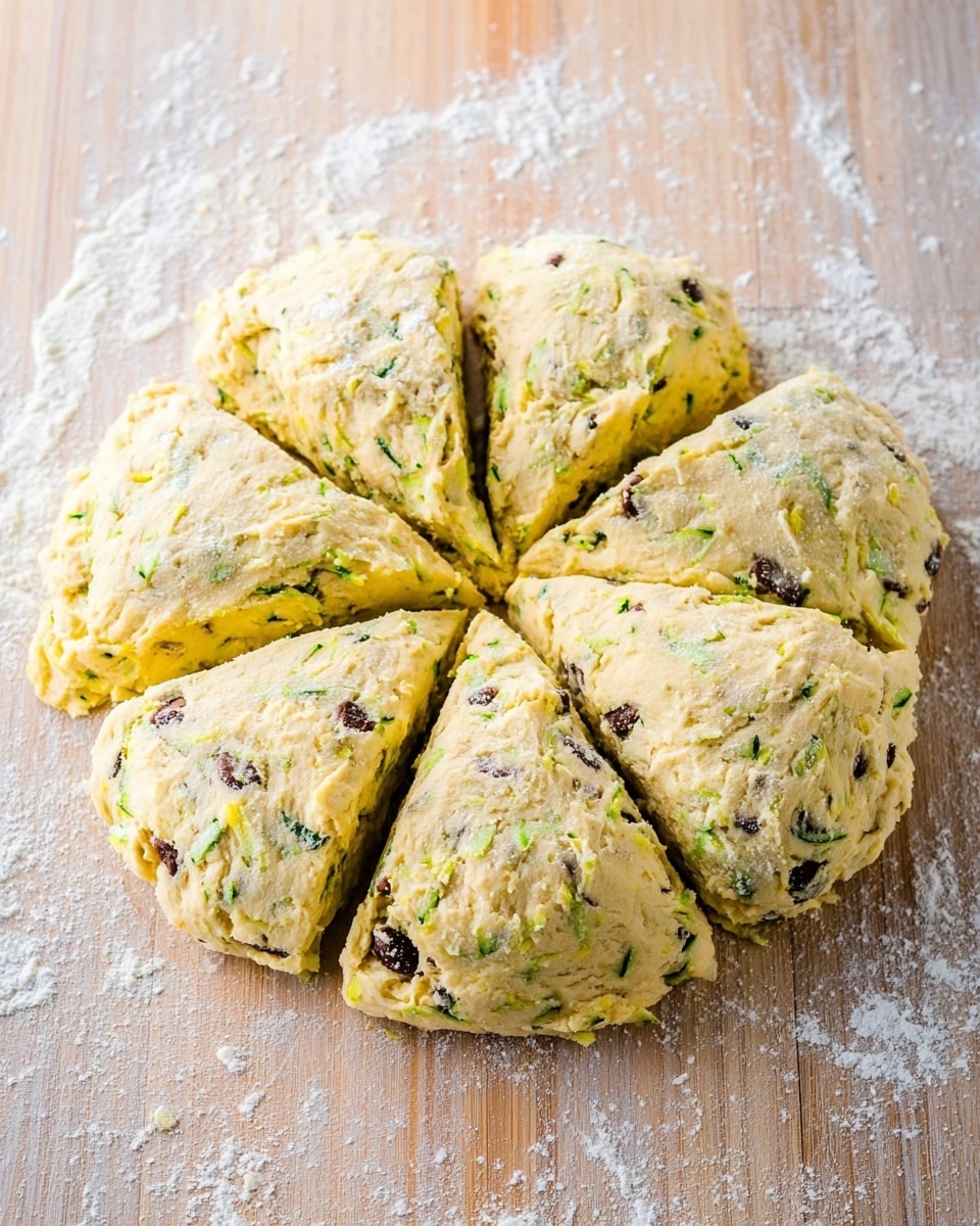 The image shows a round dough mixture divided into eight triangle pieces, resting on a floured wooden surface with a white marbled texture background. The dough is light yellow with visible green bits of zucchini and dark brown spots of olives mixed evenly throughout, giving it texture and color. Each piece has a slightly rough and flour-dusted surface, showing a thick and soft dough consistency, ready for baking. Photo taken with an iphone --ar 4:5 --v 7