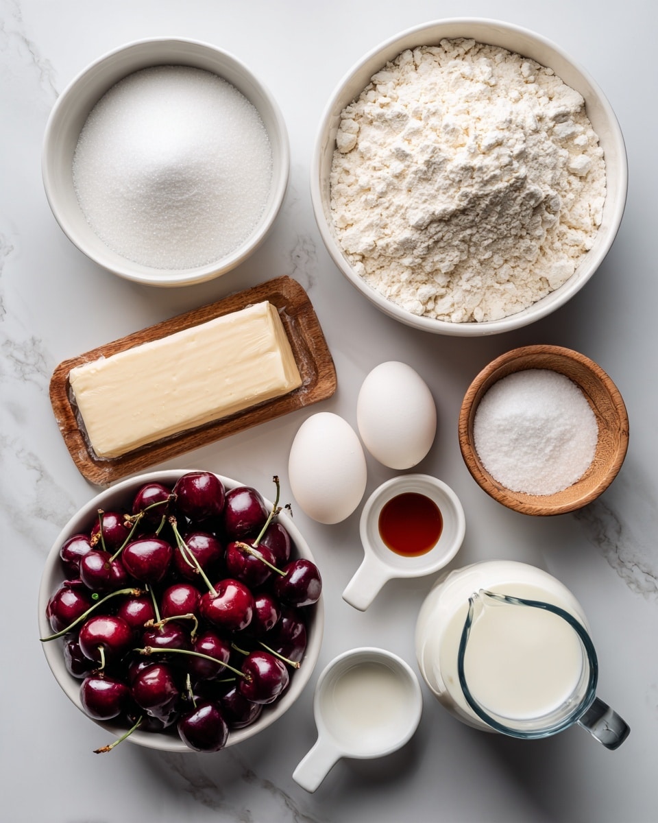 The image shows a white marbled surface with nine baking ingredients arranged neatly, each labeled with black text. At the top left is a white bowl filled with white granulated sugar, next to it on the right is a larger white bowl with white gluten-free flour that has a slightly clumpy texture. Below the sugar is a small wooden bowl containing coarse white salt. Near the center left is a rectangular wrapped stick of vegan butter in creamy beige paper. To the right of the butter are two white eggs placed side by side, and next to the eggs are two small white ramekins; one holding a clear liquid almond extract and the other containing white baking powder. At the bottom left is a white bowl full of dark red and shiny cherries with green stems. To the right of the cherries is a clear glass measuring jug with white non-dairy milk. All items are set on a smooth white marbled surface. Photo taken with an iphone --ar 4:5 --v 7