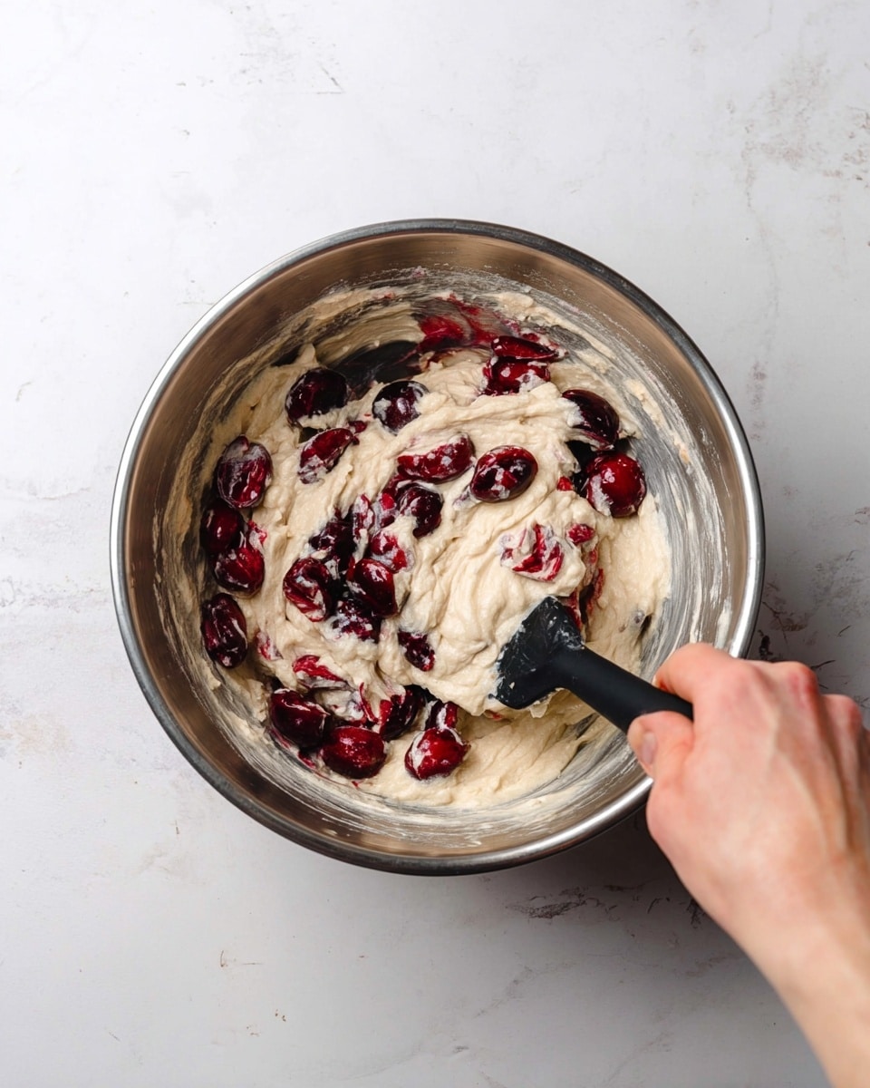 A metal bowl contains a creamy light beige batter mixed with deep red cherry halves scattered throughout. A woman's hand holds a black spatula, partly covered in batter, stirring the mixture inside the bowl. The bowl rests on a white marbled surface, with some batter residue along the bowl edges. photo taken with an iphone --ar 4:5 --v 7
