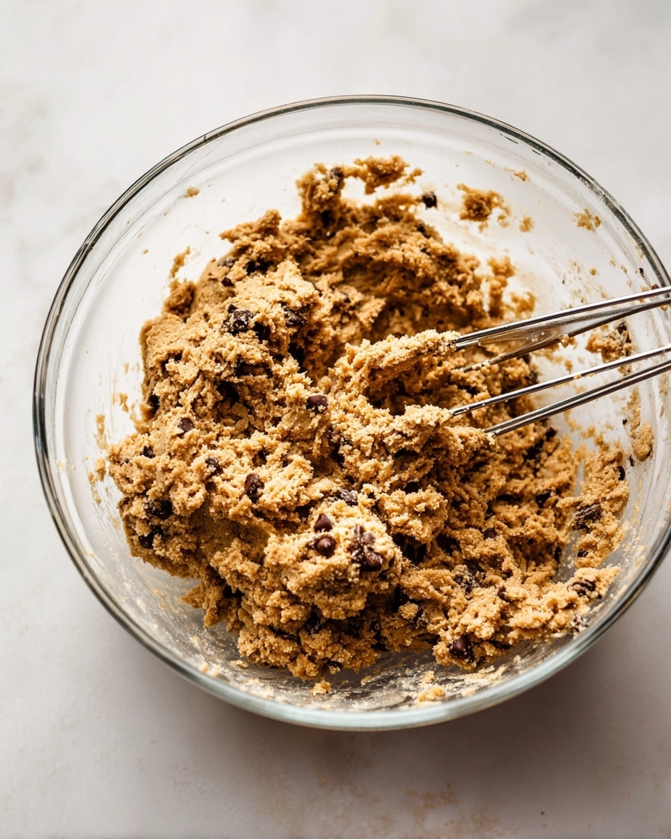 A clear glass bowl filled with rough, light brown cookie dough mixed with dark chocolate chips and oats, showing a textured, chunky surface. Inside the bowl, two metal beaters are partially submerged in the dough, coated with sticky dough bits. The bowl sits on a white marbled surface with soft, natural light. photo taken with an iphone --ar 4:5 --v 7