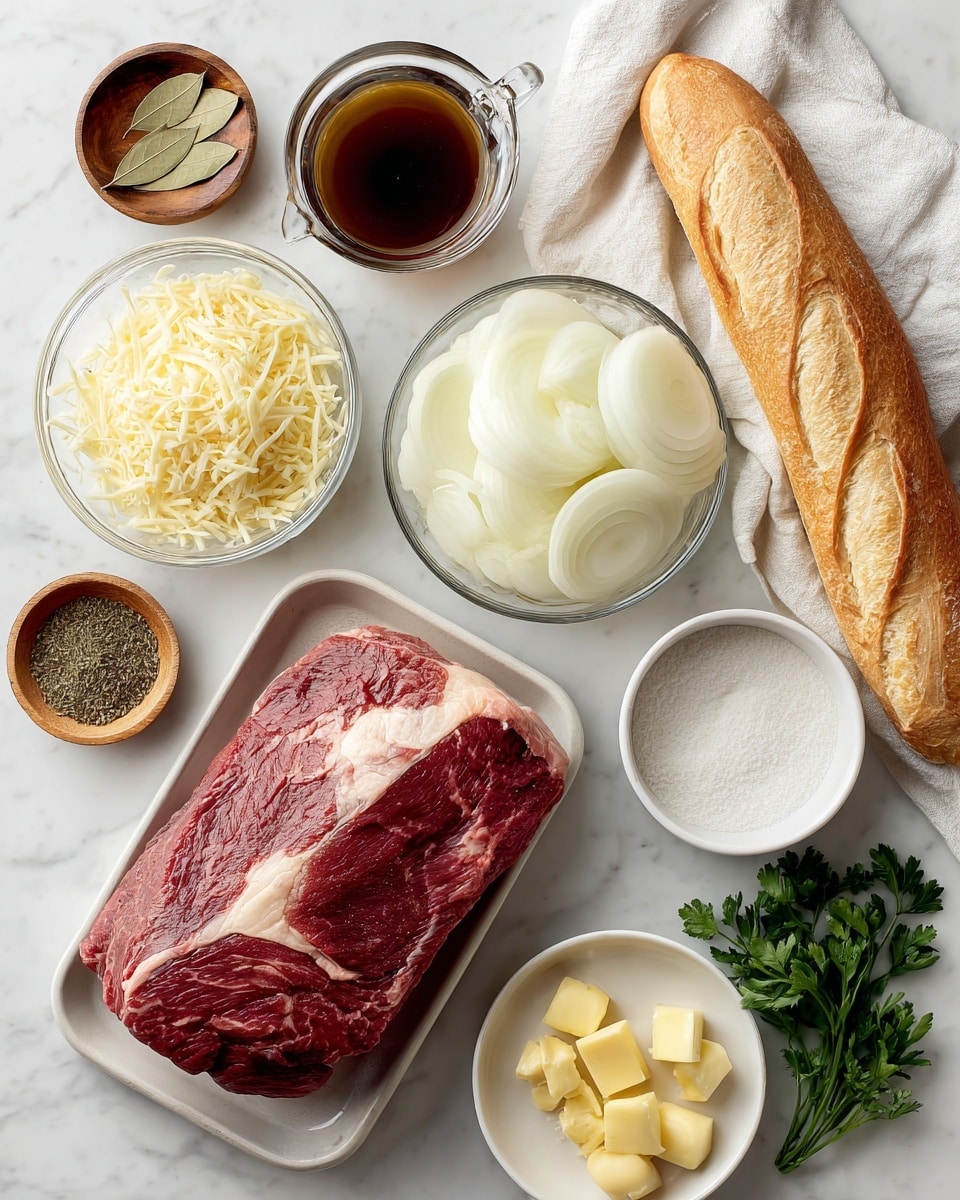 The image shows several ingredients arranged neatly on a white marbled surface. In the center, there is a tray with a large piece of raw chuck roast with a rich red color and some white fat marbling. Around it, in small clear glass bowls, are sliced white onions stacked in a circular way and a bowl of shredded pale yellow Gruyere or provolone cheese. Near the top, there is a clear glass cup with dark reddish beef broth and two dry bay leaves placed beside it. A white cloth wraps half of a long, smooth, golden-brown French bread to the right. Small wooden bowls hold peeled garlic cloves and a small square of yellow butter. There is a tiny wooden bowl with dried green oregano and another with light brown thyme next to it. A small white bowl contains white cornstarch powder, and near it is a small bowl with dark Worcestershire sauce. A small clear bowl holds transparent water, with a small white bowl for salt and pepper and a bit of oil nearby. A small bunch of fresh, bright green parsley is on the bottom right. Photo taken with an iphone --ar 4:5 --v 7