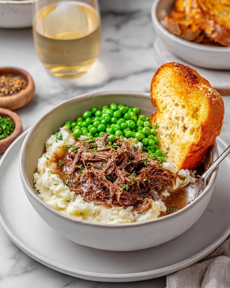A close-up view of a black cast iron skillet filled with a layered dish featuring shredded dark brown meat mixed with melted light yellow cheese that stretches as it is lifted by a wooden spoon. The top layer shows the melted cheese speckled with green herbs and black pepper. Surrounding the skillet are pieces of toasted bread with a golden-brown color, resting on a white marbled surface. The texture looks creamy and rich with a mix of stringy cheese and tender meat strands, lifted by a woman's hand holding the wooden spoon. photo taken with an iphone --ar 4:5 --v 7