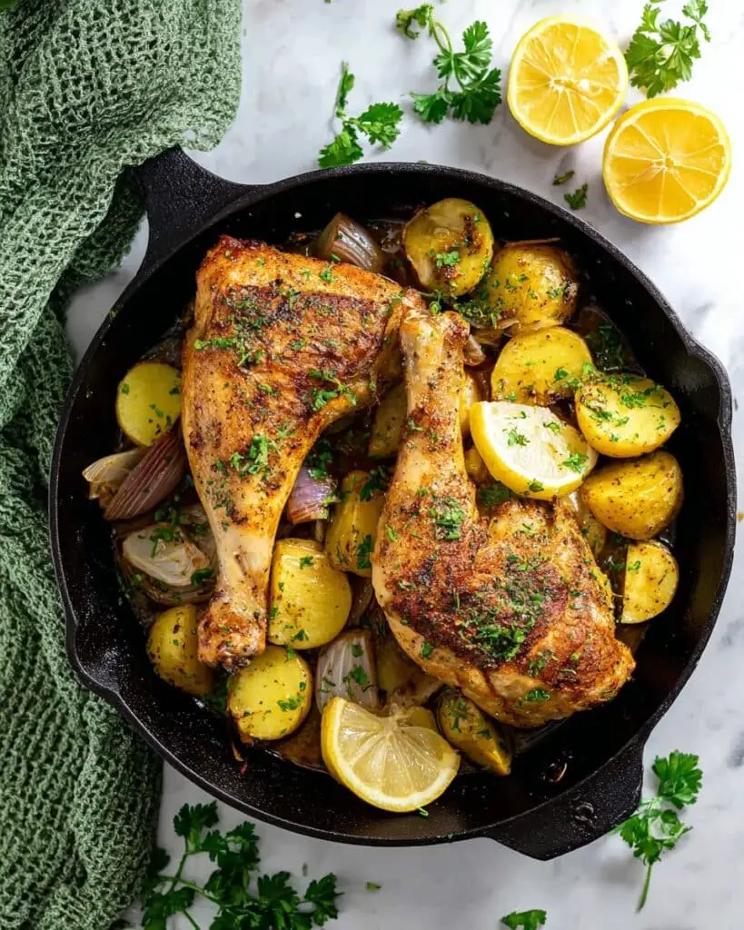 Roasted Chicken Leg Quarters with Potatoes, Shallots, and Lemon Recipe
