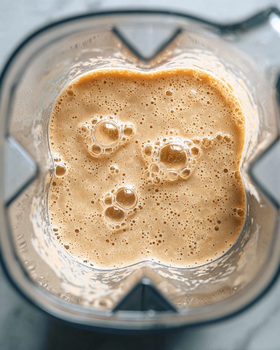 The image shows a close-up top view of a blender jar filled with a creamy light brown mixture. The mixture is smooth with many small and medium bubbles on the surface, giving it a foamy texture. The clear plastic walls of the blender jar are visible, slightly blurred, and reflecting light. The blender blades at the bottom have some of the mixture around them. The background has a white marbled texture. photo taken with an iphone --ar 4:5 --v 7