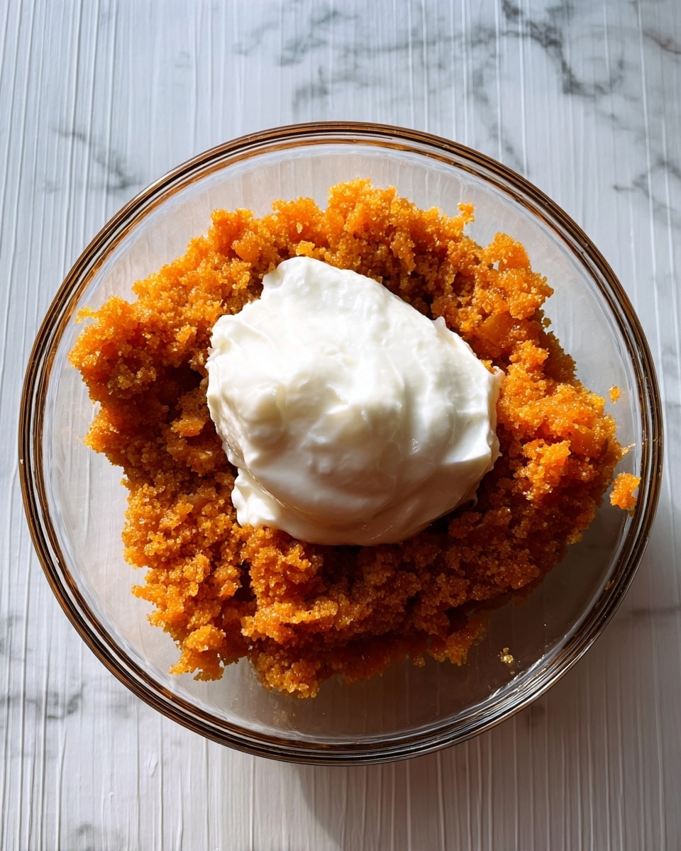 A clear glass bowl holds two layers: the bottom layer is crumbly and coarse with a bright orange, slightly moist texture; on top is a smooth, thick white dollop of cream. The bowl is set on a white marbled surface, seen from above, with natural light casting soft shadows. photo taken with an iphone --ar 4:5 --v 7