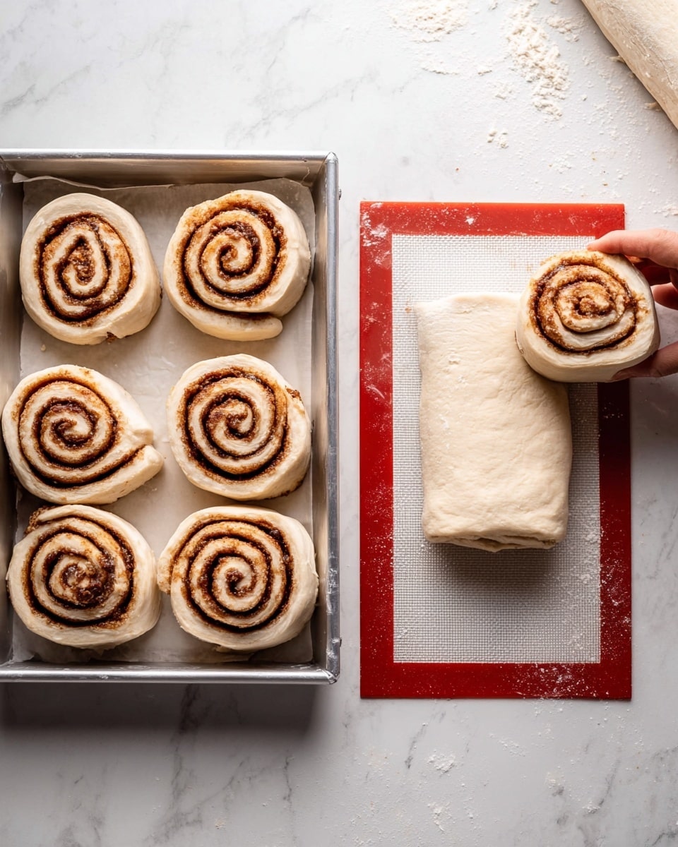The image shows six cinnamon rolls in a metal baking tray on the left side. Each roll has a spiral shape with a light beige dough layer and a dark brown cinnamon filling swirled inside. On the right side, one cinnamon roll sits on a white cutting mat with a red border, next to a rectangular piece of dough rolled with cinnamon filling and cut at the top. A woman's hand is holding the dough, and the whole scene is on a white marbled surface. Photo taken with an iphone --ar 4:5 --v 7