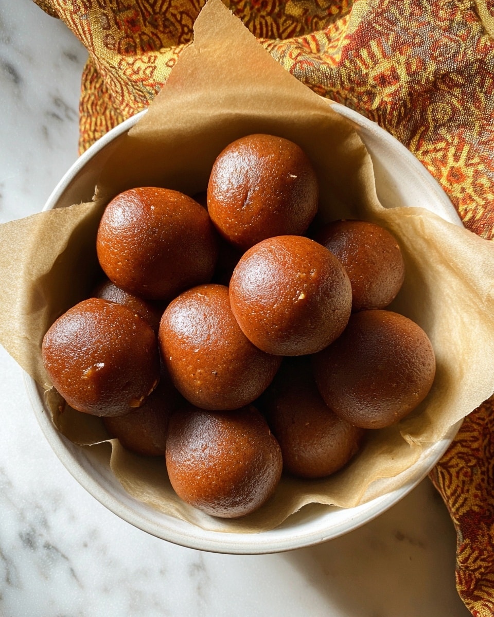 A white bowl lined with light brown parchment paper holds around twelve round, deep brown balls of food with a smooth, shiny surface. The balls are neatly placed close to each other, all similar in size and shape, creating a compact cluster. The bowl sits on a white marbled surface with a patterned cloth nearby showing warm yellow, brown, and orange colors. The lighting highlights the shiny texture and rich brown color of the balls, showing some subtle cracks and variations in the round shapes. photo taken with an iphone --ar 4:5 --v 7