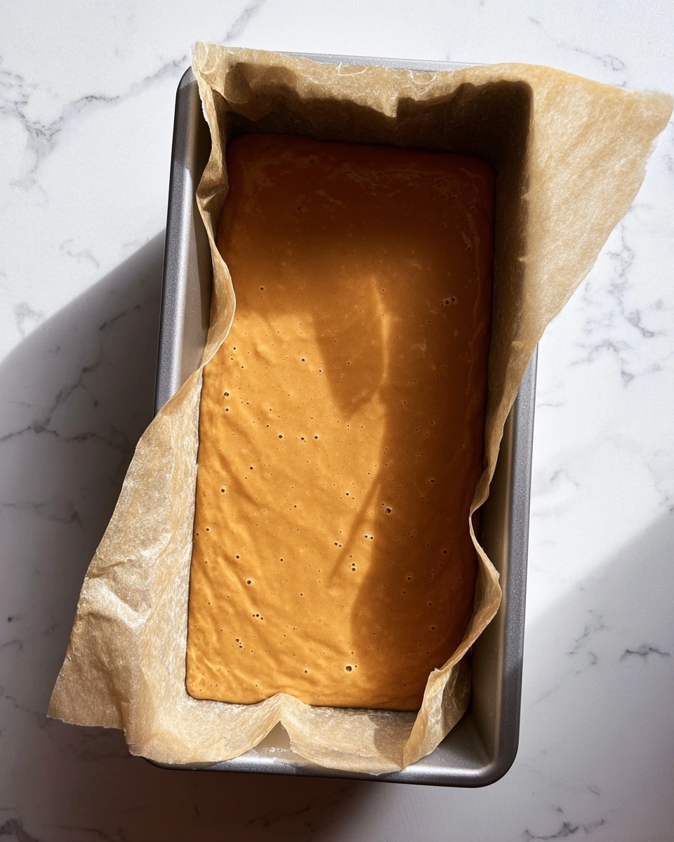 A metal rectangular baking pan lined with light brown parchment paper holds one thick layer of smooth, light brown batter. The batter surface is even with a few small bubbles, and soft shadows fall gently across it. The pan is set on a white marbled surface. Photo taken with an iphone --ar 4:5 --v 7