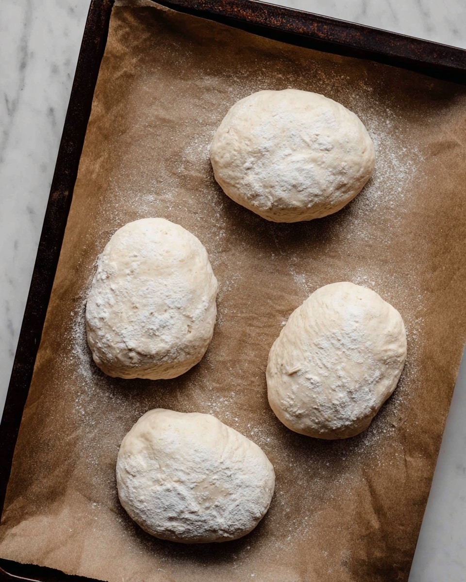 Four uneven white dough balls sit spaced apart on a sheet of brown parchment paper that lines a dark baking tray. The dough balls have soft, slightly bumpy textures with some light dusting of flour on top. The edges of the tray are visible, and the tray rests on a white marbled surface. photo taken with an iphone --ar 4:5 --v 7