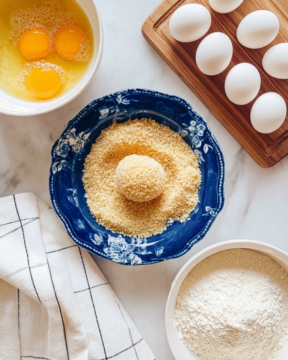A blue plate with white floral patterns is filled with light tan breadcrumbs, with one hollow breadcrumb ball sitting on top in the center. Above the plate, there is a wooden cutting board holding several white empty egg halves, positioned in two rows. To the left of the plate, a white bowl holds beaten raw eggs with a yellow-orange color and bubbles on the surface. Below the plate is a white bowl filled with white flour, and on the bottom left corner, there is a white towel with black grid lines. All items are placed on a white marbled surface. photo taken with an iphone --ar 4:5 --v 7