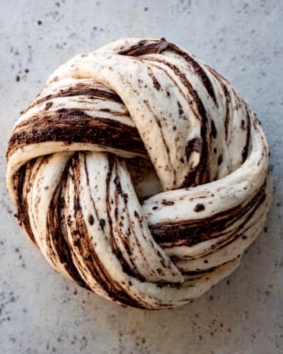 A twisted, circular bread dough with two layers clearly visible. The dough is mostly light beige with thick, dark brown streaks swirled throughout, giving a marbled look. The bread is placed on a white marbled surface. The texture looks soft and slightly bumpy. Photo taken with an iphone --ar 4:5 --v 7