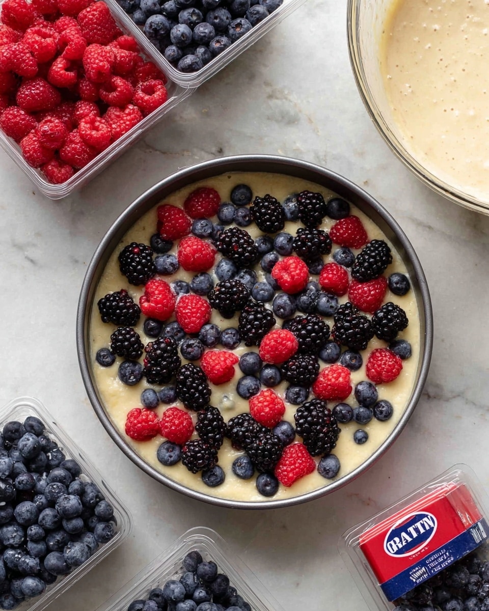 A round cake pan holds a thick pale yellow batter base topped with a mix of fresh red raspberries, dark blackberries, and deep blue blueberries scattered evenly across the top. Around the pan, clear plastic containers of the same berries sit on a white marbled surface, showing bright berries inside. To the right, a glass bowl with light, frothy batter is partially visible. The scene is lit softly, highlighting the fresh, juicy textures of the berries and the creamy smoothness of the batter photo taken with an iphone --ar 4:5 --v 7