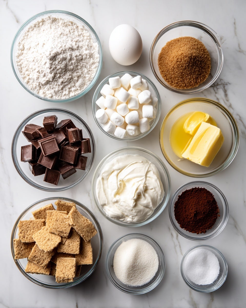 The image shows 11 clear glass bowls arranged on a white marbled surface, each holding a different baking ingredient. At the top left is a bowl with white flour, next to it on the right is a bowl with a whole white egg. Below the flour is brown sugar with a soft, crumbly texture, and further below is melted yellow butter. In the middle row from left to right there is a bowl of white granulated sugar, a bowl filled with mini white marshmallows with a smooth rounded shape, a bowl with dark chocolate chunks, and a bowl of white sour cream with a creamy texture. At the bottom center is a bowl of crushed light brown graham crackers. On the right side are three small bowls, the top one containing fine white salt, below it is a bowl with white baking powder, and in the center is a bowl of dark brown cocoa powder with a fine texture. All bowls are evenly spaced and labeled on top. photo taken with an iphone --ar 4:5 --v 7