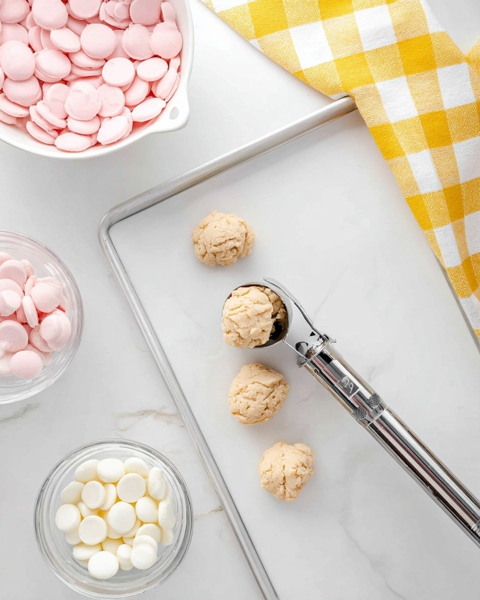 The image shows a white baking tray placed on a white marbled surface with four rough round dollops of light beige dough spaced along the top half of the tray, the last one being held in a metal ice cream scoop with a long silver handle. To the left, there is a white bowl filled with many smooth, round, flat pink discs. On the bottom right, a clear glass bowl holds many small white round discs, and next to it is a yellow and white checkered cloth. The overall setting is bright with a clean, fresh look. photo taken with an iphone --ar 4:5 --v 7