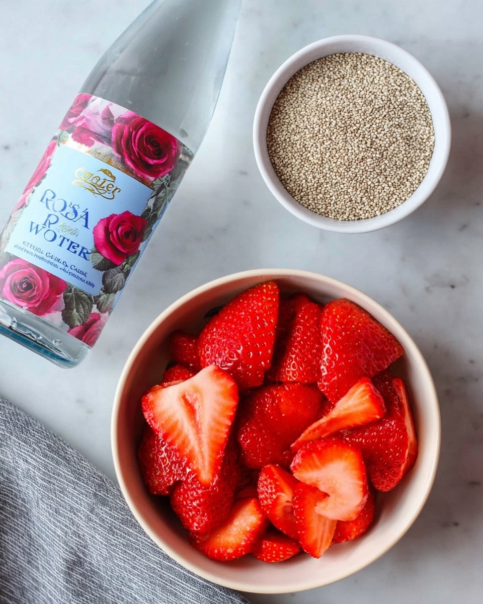 The image shows a white bowl filled with bright red sliced strawberries, the slices are thick and fresh, placed in the center of a white marbled surface. Next to the bowl on the right is a smaller white bowl filled with light beige chia seeds, rounded in texture and covering the whole bowl's surface. To the left of the strawberry bowl is a clear glass bottle of rose water with a blue label decorated with images of red roses and gold text. A gray and white striped cloth is slightly visible under the strawberry bowl. photo taken with an iphone --ar 4:5 --v 7
