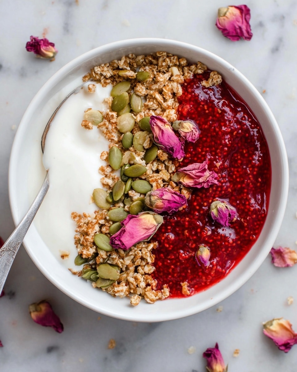 A white bowl contains three layers arranged side by side: on the left, a crunchy granola mix with light brown oats and seeds topped with green pumpkin seeds, in the middle a thick white creamy yogurt layer with smooth texture, and on the right a bright red chia seed jam with visible seeds and scattered pink rose petals on top. A silver spoon rests partially in the bowl on the left side. The bowl is set on a white marbled surface with a few dried pink rose petals scattered around. Photo taken with an iphone --ar 4:5 --v 7