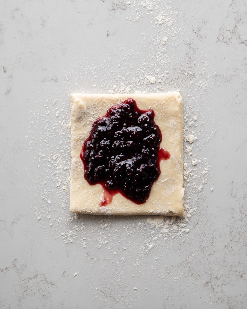 A small square piece of light beige dough dusted with white flour lies flat on a white marbled surface. On top of the dough, in the center, there is a thick layer of dark purple, shiny berry jam spread unevenly, showing visible whole berries that give it a bumpy texture. Some red juice from the jam seeps gently around its edges onto the dough. photo taken with an iphone --ar 4:5 --v 7