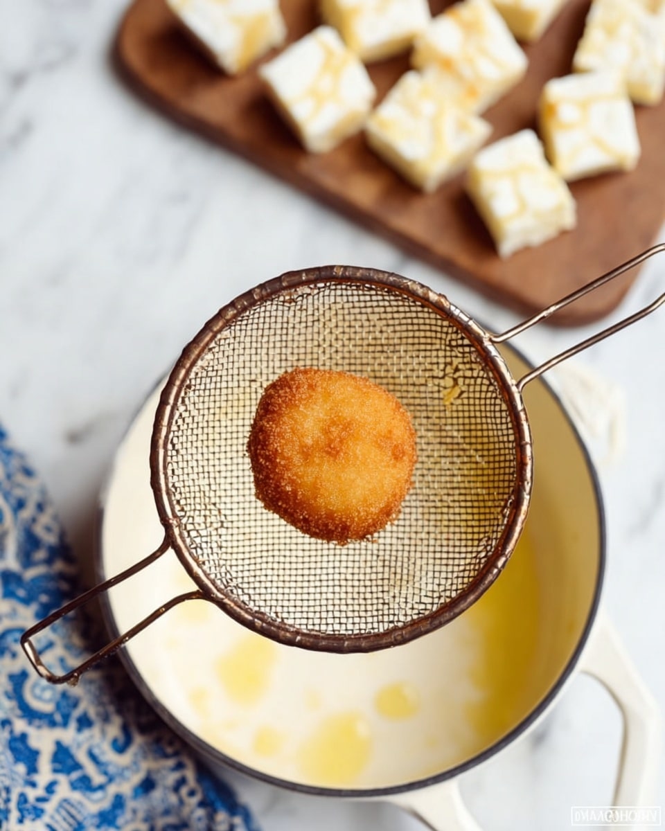 A single golden-brown round fried snack is held above a white pot with a pale yellow interior by a dark metal strainer with a grid pattern, showing its crispy and slightly rough texture. In the background, a wooden board rests on a white marbled surface, topped with several square pieces of a creamy white dessert arranged in a scattered pattern. A blue and white patterned cloth is partially visible in the lower-left corner. photo taken with an iphone --ar 4:5 --v 7