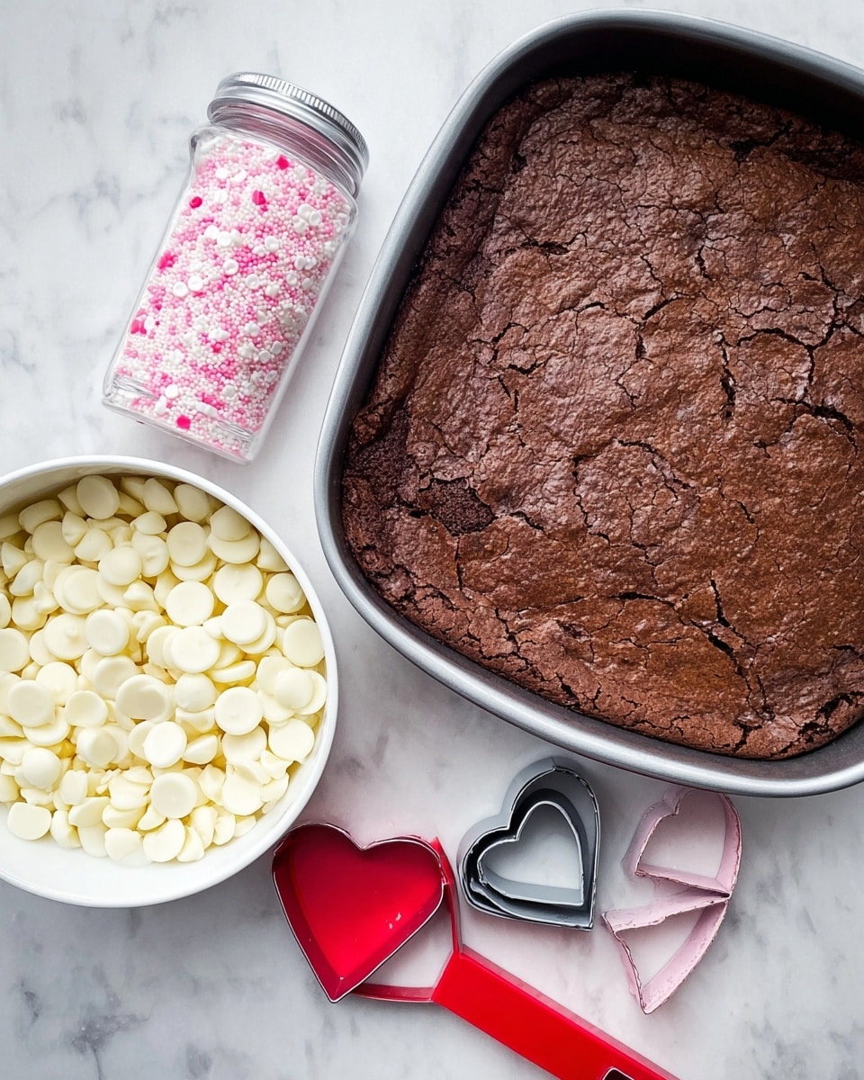 The image shows a pan with a baked chocolate brownie that has a cracked and slightly textured top layer, dark brown in color, covering the entire pan. To the side, there is a white bowl filled with smooth, round, white chocolate chips. Next to the bowl, there is a small clear bottle of pink and white sprinkles in flower shapes with a silver lid. Below the sprinkles, there are two cookie cutters, one red shaped like a heart and one gray shaped like a scalloped heart, all placed on a white marbled surface. photo taken with an iphone --ar 4:5 --v 7