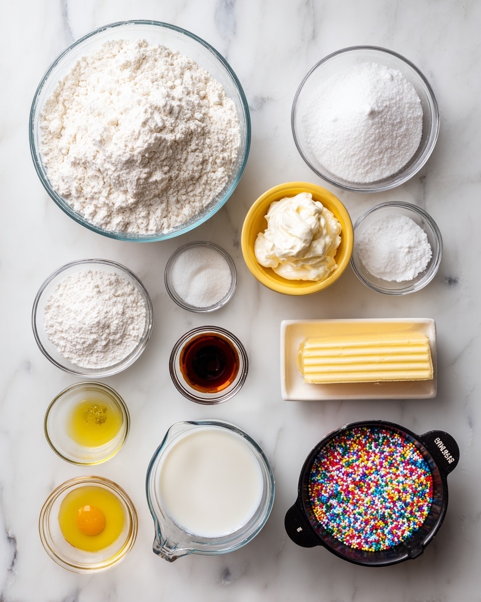 A flat lay photo of baking ingredients arranged on a white marbled surface, including a large clear glass bowl filled with white flour on the upper left, a slightly smaller clear glass bowl with white sugar on the upper right, and a small yellow bowl with creamy sour cream above the sugar. Near the center are two small clear glass bowls, one with white baking powder and another with white salt. Below the flour is a small brown bowl with white cornstarch, and to the left bottom is a small yellow bowl with light yellow oil. A clear glass measuring cup filled halfway with white milk is near the bottom center, with a small clear glass bowl of deep brown vanilla extract directly below it. A yellow stick of butter lies on the right side next to a black measuring cup filled with colorful round sprinkles. Each ingredient is clearly separated and labeled. photo taken with an iphone --ar 4:5 --v 7