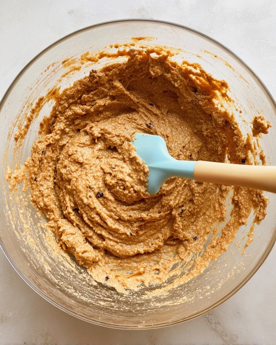 A clear bowl filled with thick, rough-textured, light brown batter that contains small darker spots, likely bits of dried fruit or nuts. A pale blue rubber spatula with a beige handle rests inside the bowl, partially covered in the batter. The batter is spread unevenly with visible ridges and swirls around the edges of the bowl. The bowl sits on a white marbled surface. photo taken with an iphone --ar 4:5 --v 7