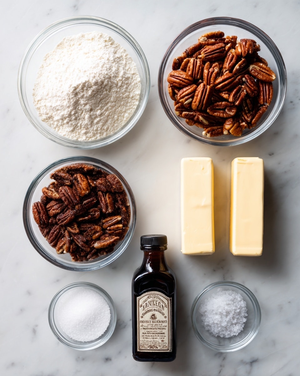 The image shows six ingredients arranged neatly on a white marbled surface. On the left, there is a clear glass bowl filled with white flour at the top and a similar bowl below containing dark brown sugar with a coarse texture. On the right side, at the top, a clear glass bowl holds toasted and salted pecans in various rich brown shades. Below the pecans, there are two sticks of salted butter placed side by side with a pale yellow color and smooth texture. Beneath the butter, a small clear bowl contains coarse kosher salt in white crystals. At the bottom center, a dark brown bottle of vanilla extract with a vintage-style label is placed upright. Each element stands out clearly against the clean, light surface. Photo taken with an iphone --ar 4:5 --v 7