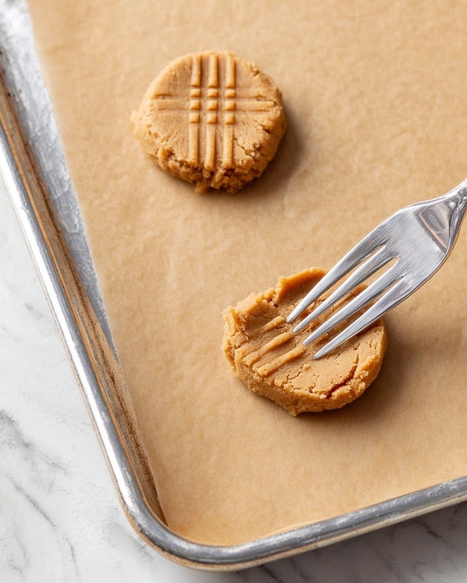 A close-up shows two dollops of light brown cookie dough placed on a baking sheet lined with parchment paper; one dough ball is round and untouched, while the other is pressed flat by a silver fork, creating a pattern of horizontal and vertical ridges on the surface. The baking sheet is slightly worn with a shiny silver rim and underneath is a white marbled textured surface. The scene feels homey and simple. Photo taken with an iphone --ar 4:5 --v 7