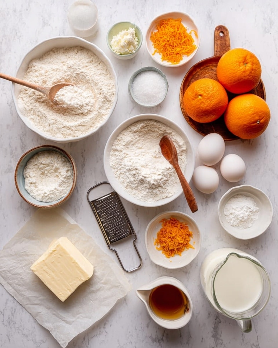 The image shows many baking ingredients arranged on a white marbled surface. There are two white bowls with flour; one has a wooden spoon inside. A wooden spoon is also in a white bowl filled with sugar. Three white eggs lie near the center. Two whole oranges are on the right side with an orange zest on a wooden board, beside a metal grater. Other small white bowls hold white powder, salt, and vanilla. There is a block of cream cheese on parchment paper near the bottom left. A small glass container holds a clear liquid, and a small jug of milk is near the bottom right corner. A woman's hand holds a wooden spoon resting in the sugar bowl. Photo taken with an iphone --ar 4:5 --v 7