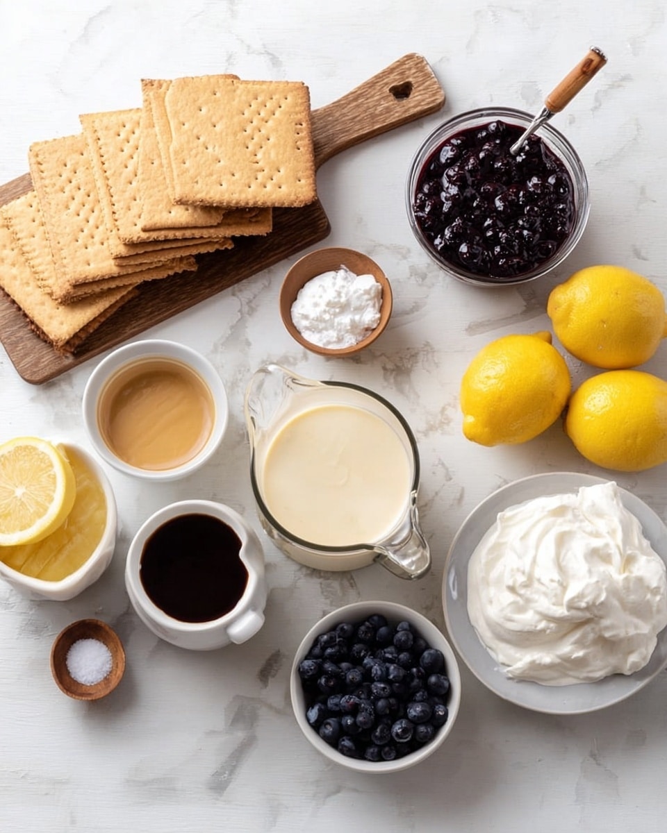 The image shows an arrangement of dessert ingredients on a white marbled surface. On the left, several light brown rectangular graham crackers are stacked on a wooden board. Behind them, there is a small bowl filled with dark purple blueberry sauce with whole berries, and a spoon resting inside. In front of the board, there is a small cup of light brown liquid, another small container with a yellowish creamy liquid, and a small white pitcher with a dark brown liquid. At the center, a large glass measuring cup holds a creamy off-white liquid. To the right, there is a small glass bowl with white powdered sugar, two whole bright yellow lemons, a white bowl of thick white cream with a wooden spoon, a small bowl filled with dark blueberries, and a clear glass cup with white whipped cream. The objects are spread neatly on the surface, showing different colors and textures of the ingredients. photo taken with an iphone --ar 4:5 --v 7