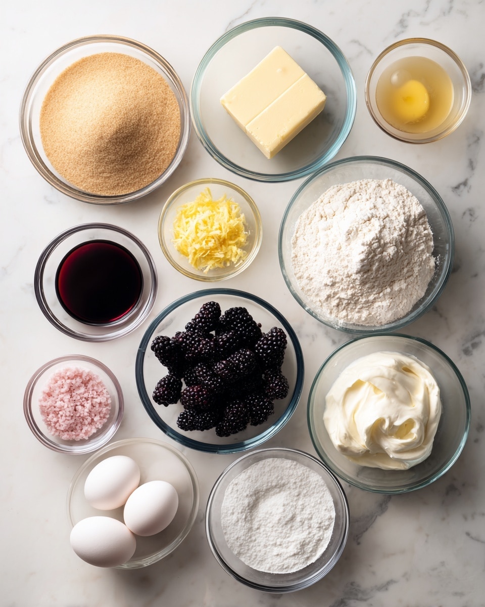 The image shows a collection of clear glass bowls of different sizes arranged neatly on a white marbled surface, each filled with a different baking ingredient. Starting at the top left, there is a large bowl filled with light brown granulated sugar, next to that is a medium bowl with a block of pale yellow butter. Below the sugar, a small bowl contains finely grated yellow lemon zest, and just below the lemon zest is an even smaller bowl with pinkish salt. To the right of the lemon zest, there is a small bowl with four white eggs. Moving further right, a very small clear bowl holds dark amber vanilla extract next to a bowl of pale yellow lemon juice. At the center, a medium bowl is filled with dark purple-black blackberries. Below these berries, another large bowl holds off-white cake flour. To the left of the flour, two small bowls contain white baking powder and white baking soda, respectively. Next to those is a medium bowl filled with white sour cream, and to the right of it, a similar bowl contains white buttermilk. Finally, at the bottom left, there is a medium bowl filled with powdered white sugar. The image appears clean, bright, and organized with all ingredients clearly visible and labeled. photo taken with an iphone --ar 4:5 --v 7